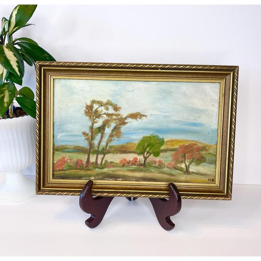 1940s Fine Antique Plein Air Landscape Art Impressionist Oil Painting Vintage